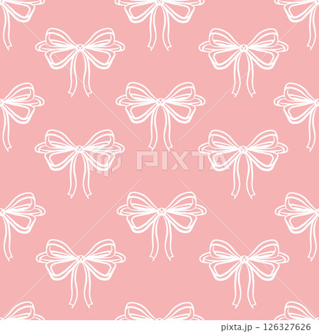 White bows on a pink background. Ribbon bow seamless pattern vector coquettish girly print doodle hand drawn romantic knot background. Feminine holiday accessories texture, vintage cute festive White bows on a pink background. Ribbon bow seamless pattern vector coquettish girly print doodle hand drawn romantic knot background. Feminine holiday accessories texture, vintage cute festive 126327626