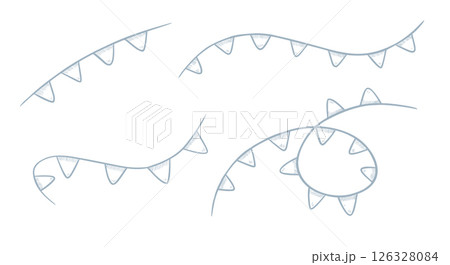 Vector illustration of Garlands. Linear pastel blue drawing of pennants for Baby shower invitations or childish party greeting cards. Outline sketch of Bunting with triangle flags for celebration. Vector illustration of Garlands. Linear pastel blue drawing of pennants for Baby shower invitations or childish party greeting cards. Outline sketch of Bunting with triangle flags for celebration. 126328084