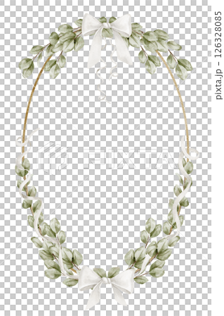 Circular botanical Wreath with watercolor Eucalyptus Branches and white ribbons. Illustration of vertical Template for wedding invitations, birth announcements, and Baby shower greeting cards. Circular botanical Wreath with watercolor Eucalyptus Branches and white ribbons. Illustration of vertical Template for wedding invitations, birth announcements, and Baby shower greeting cards. 126328085