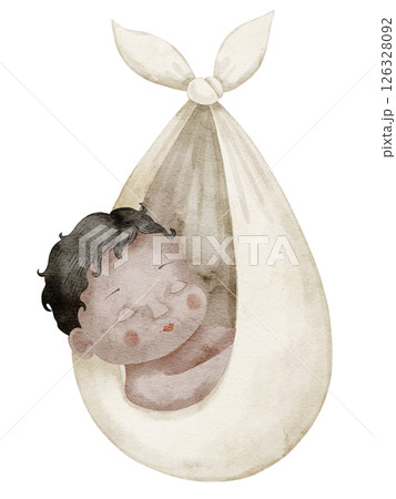 Watercolor illustration of dark skinned cute Baby in sack. Drawing of Infant in pastel colors for baby shower greeting cards or newborn party greeting cards. Art of child for nursery posters. Watercolor illustration of dark skinned cute Baby in sack. Drawing of Infant in pastel colors for baby shower greeting cards or newborn party greeting cards. Art of child for nursery posters. 126328092