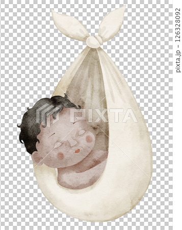 Watercolor illustration of dark skinned cute Baby in sack. Drawing of Infant in pastel colors for baby shower greeting cards or newborn party greeting cards. Art of child for nursery posters. Watercolor illustration of dark skinned cute Baby in sack. Drawing of Infant in pastel colors for baby shower greeting cards or newborn party greeting cards. Art of child for nursery posters. 126328092