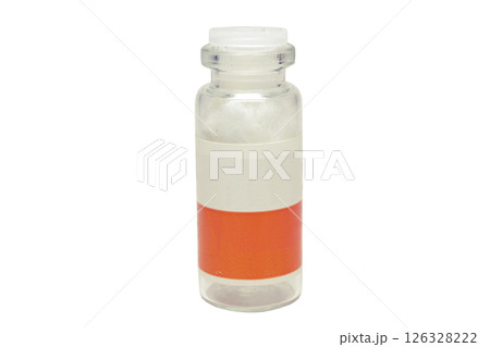 small glass bottle of medicines with two-color label, plastic lapped stopper, empty, with cotton absorbent inside 126328222