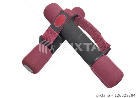 fitness dumbbells with built-in hand straps. metal appliance covered with non-slip black soft foam, for home aerobic and gimnastic: hand weight lifting. isolated on white background fitness dumbbells with built-in hand straps. metal appliance covered with non-slip black soft foam, for home aerobic and gimnastic: hand weight lifting. isolated on white background 126328294
