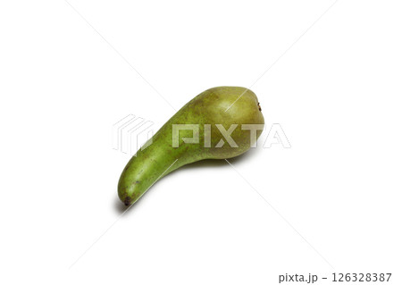 pear conference, isolated, on white background. beautifully curved, with short stalk, half green, with gray-brown spots, half skin is rough. with clipping path pear conference, isolated, on white background. beautifully curved, with short stalk, half green, with gray-brown spots, half skin is rough. with clipping path 126328387
