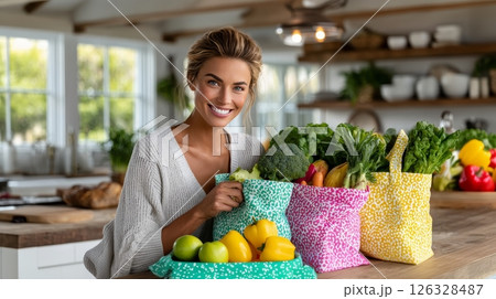 Smiling young caucasian female in kitchen with colorful grocery bags and fresh vegetables. 126328487