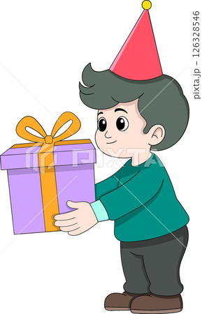 Cartoon Boy Carrying Birthday Present with Smile 126328546