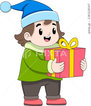 Chubby Boy Carrying Surprise Birthday Gift for Friend 126328547