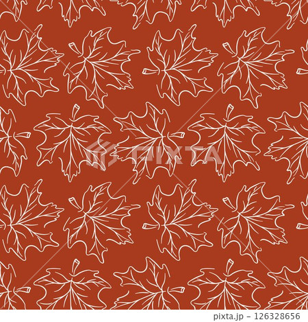 Maple leaf seamless pattern in line art style on red background. Linear, hand drawn autumn design for wallpaper. 126328656