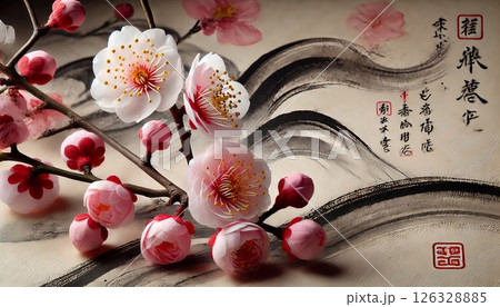 梅の花と筆文字アート｜Plum Blossoms with Calligraphy Artのイラスト素材 [126328885] - PIXTA