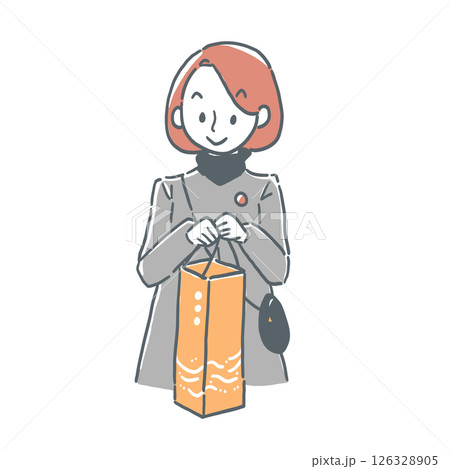 酒瓶入りのおみやげ袋を持っている女性のイラスト 酒瓶入りのおみやげ袋を持っている女性のイラスト 126328905