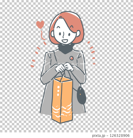 Illustration of a happy woman holding a souvenir bag filled with sake bottles 126328906