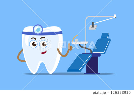 Tooth cartoon character dressed as a dentist and dental unit . Isolated on blue background . Vector . Tooth cartoon character dressed as a dentist and dental unit . Isolated on blue background . Vector . 126328930