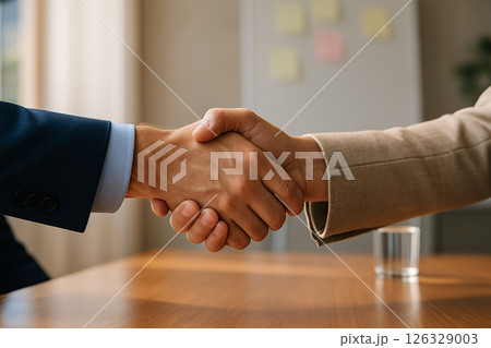 Directors suit and ID badge placed on an empty chair at a minimalist office desk with a clipboard, pen and wristwatch under soft daylight 126329003
