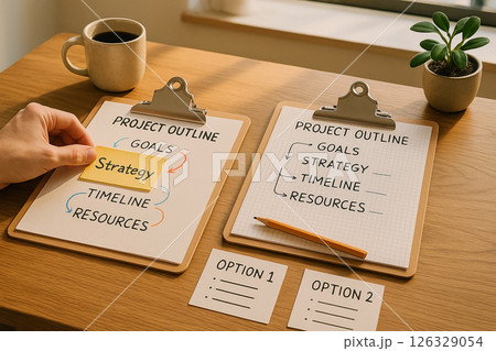 Directors suit and ID badge placed on an empty chair at a minimalist office desk with a clipboard, pen and wristwatch under soft daylight 126329054