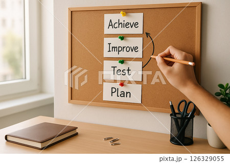 Directors suit and ID badge placed on an empty chair at a minimalist office desk with a clipboard, pen and wristwatch under soft daylight 126329055