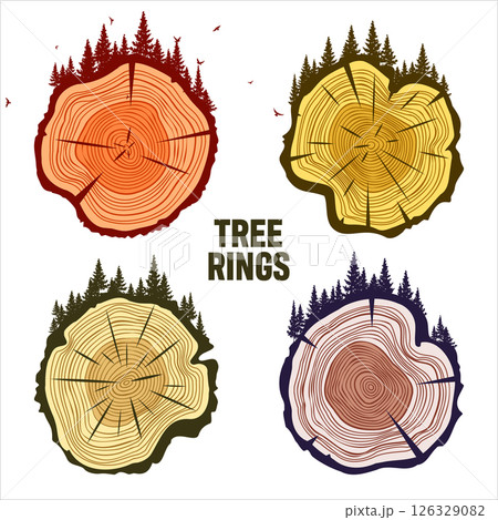 Round tree trunk cuts with trees, forest and birds. Sawn pine or oak slices, lumber. Saw cut timber, wood. Brown wooden texture with tree rings. Hand drawn sketch. Vector illustration 126329082
