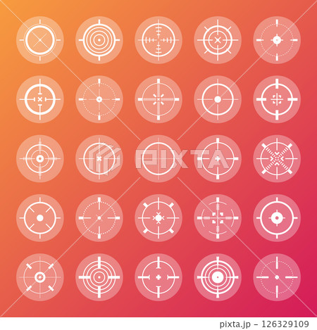 Colorful sniper rifle sights, weapon optical scope crosshair. Hunting gun viewfinder. Shooting mark symbol, aim. Military target sign. Game interface UI element. Vector illustration Colorful sniper rifle sights, weapon optical scope crosshair. Hunting gun viewfinder. Shooting mark symbol, aim. Military target sign. Game interface UI element. Vector illustration 126329109