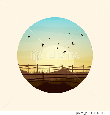 Meadow silhouettes with grass and old wooden fence. Countryside, round panoramic summer lawn rural landscape with herbs, weeds. Agriculture and farming. Summer sunset in nature. Vector illustration Meadow silhouettes with grass and old wooden fence. Countryside, round panoramic summer lawn rural landscape with herbs, weeds. Agriculture and farming. Summer sunset in nature. Vector illustration 126329125