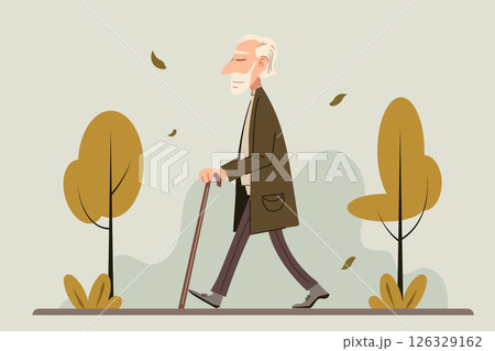 Elderly man walking with cane in autumn park flat vector illustration for aging lifestyle health and retirement concept 126329162