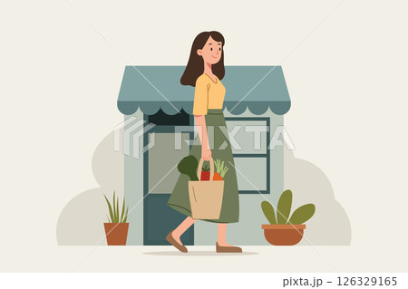Woman carrying eco grocery bag with vegetables flat vector illustration for organic food shopping and sustainable lifestyle concept Woman carrying eco grocery bag with vegetables flat vector illustration for organic food shopping and sustainable lifestyle concept 126329165