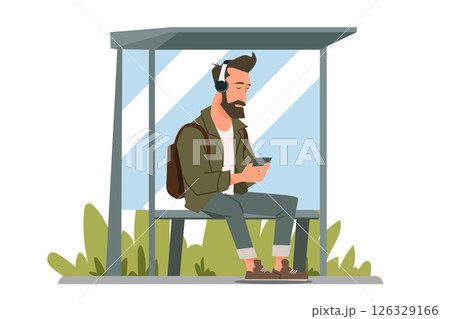 Man listening to music at bus stop with smartphone flat vector illustration for urban commute digital lifestyle and waiting routine concept 126329166