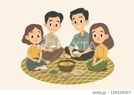 Family sitting on mat sharing traditional meal flat vector illustration for cultural lifestyle home dining and happy togetherness concept Family sitting on mat sharing traditional meal flat vector illustration for cultural lifestyle home dining and happy togetherness concept 126329167