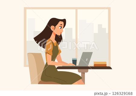 Woman working on laptop at coffee shop flat vector illustration for freelance lifestyle productivity and remote work concept Woman working on laptop at coffee shop flat vector illustration for freelance lifestyle productivity and remote work concept 126329168