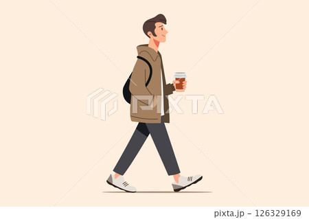 Man walking with coffee cup wearing casual outfit flat vector illustration for modern city lifestyle and daily routine concept Man walking with coffee cup wearing casual outfit flat vector illustration for modern city lifestyle and daily routine concept 126329169