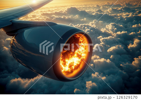 A dramatic scene of an airplane engine on fire while flying above a thick layer of clouds. A dramatic scene of an airplane engine on fire while flying above a thick layer of clouds. 126329170