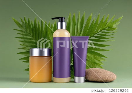 A sophisticated cosmetic product composition featuring three elegant containers in purple and amber colors against a serene green background. The arrangement includes a jar, pump bottle, and tube. 126329292
