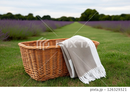 A traditional wicker picnic basket with a cozy grey and white throw blanket sits on a lush green grass path between rows of blooming lavender fields. A traditional wicker picnic basket with a cozy grey and white throw blanket sits on a lush green grass path between rows of blooming lavender fields. 126329321