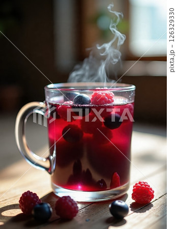 A steaming glass mug of hot berry tea with fresh raspberries and blueberries floating on top, captured in natural sunlight on a wooden surface. A steaming glass mug of hot berry tea with fresh raspberries and blueberries floating on top, captured in natural sunlight on a wooden surface. 126329330