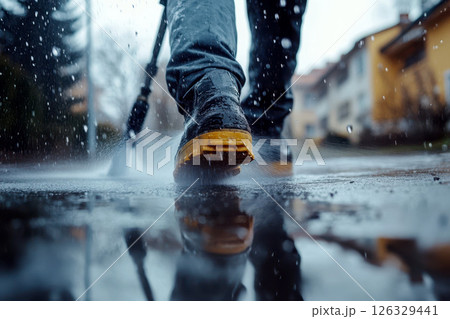 Worker is cleaning a concrete driveway with a pressure washer. generative ai 126329441