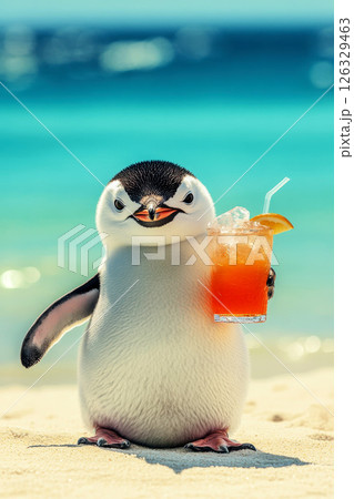 Summer Penguin Relaxing with Tropical Drink. A penguin stand on a sunny beach with a tropical drink. Perfect for summer and vacation themes. 126329463