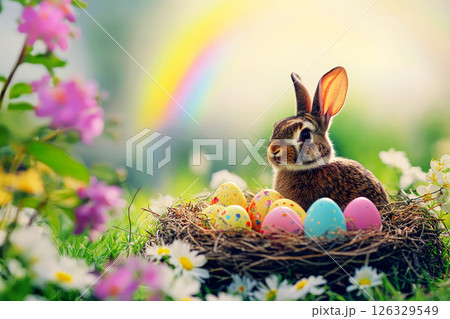 Happy easter bunny in easter meadow with eggs and copy space on rainbow background. Happy easter bunny in easter meadow with eggs and copy space on rainbow background. 126329549