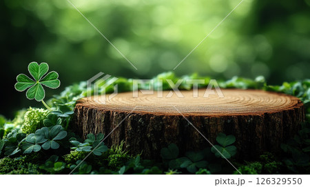 wooden podium for mockup Surrounded by Clover and Grass. patrick day concept. wooden podium for mockup Surrounded by Clover and Grass. patrick day concept. 126329550