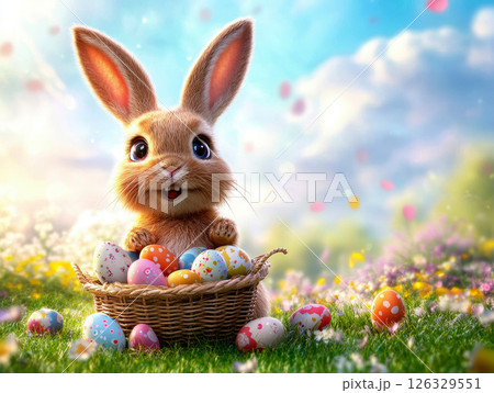 A cute bunny sitting next to a basket full of colorful Easter eggs on a green meadow. A cute bunny sitting next to a basket full of colorful Easter eggs on a green meadow. 126329551