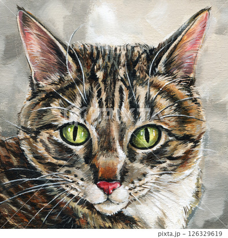 tabby cat portrait green eyes acrylic painting on beige background realistic feline animal artwork home pet wall art 126329619
