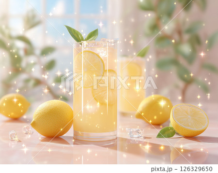 明るい背景の中で映える炭酸レモンウォーターと氷のイメージ 126329650
