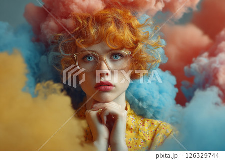 Colorful Contemplation. A person with curly hair surrounded by vibrant clouds of color 126329744