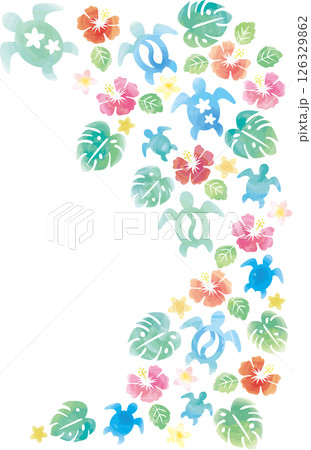水彩風のホヌとハイビスカスのイラスト 126329862
