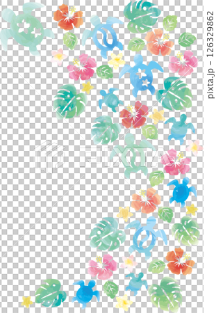 水彩風のホヌとハイビスカスのイラスト 126329862