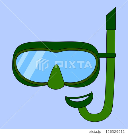 Illustration of green snorkel and diving mask on blue background. Snorkeling gear vector for summer and underwater activities. For summertime, maritime, undersea, water activity, and sports design. 126329911
