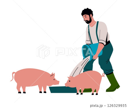 Farm animal. Agriculture worker feeding pigs. Farmer caring of livestock. Domestic piggy mammal at feeder. Man with pail. Rural people work. Piglets growing. Vector farming concept 126329935