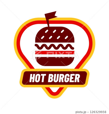 Burger fastfood logotype. Label or emblem for cafe or restaurant. Cheeseburger or hamburger delivery. Sale promotion sticker. Fast food logo dinner marketing badge. Vector isolated illustration 126329938