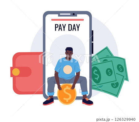 People with coins. Pay day. Man waiting salary. Wage for working. Employee holding money banknotes. Payoff date. Smartphone app. Organizer reminder. Financial profit. Vector concept 126329940