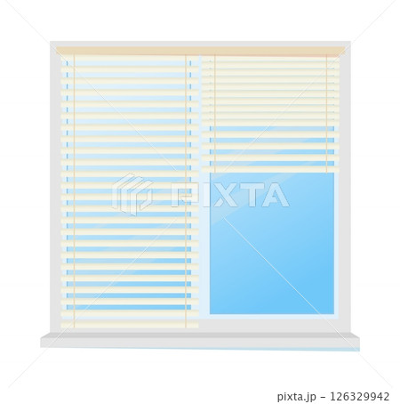 Blind window. Plastic roller curtain. White striped jalousie. Closed glass shutters. Architecture construction. House windowsill decor. Horizontal clear louvers. Vector interior element 126329942