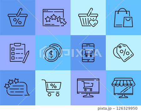 Commerce icons. Shopping symbols. Supermarket cart and basket. Online store sign. Sale price. Express delivery. Payment money. Shop discount. Customer feedback. Vector line pictograms set 126329950
