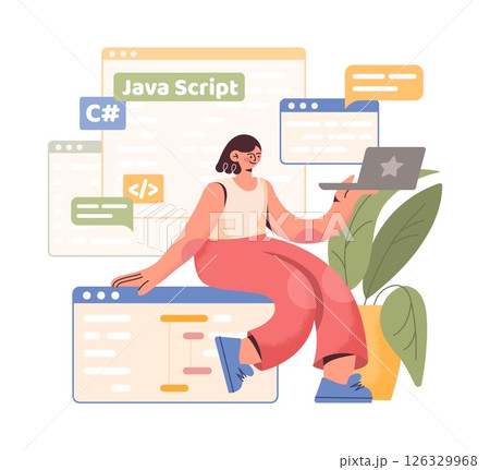 PC work. Computer programmer character. Browser windows. Web software. Programming script. Developer sitting on website frame with laptop. Network technology. Backend coders vector concept PC work. Computer programmer character. Browser windows. Web software. Programming script. Developer sitting on website frame with laptop. Network technology. Backend coders vector concept 126329968