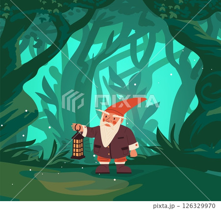Cute gnome in magic forest. Fairy tale dwarf. Funny character in trees hold lantern. Mythology leprechaun. Fantasy folklore bearded man in cap vector cartoon flat isolated illustration 126329970